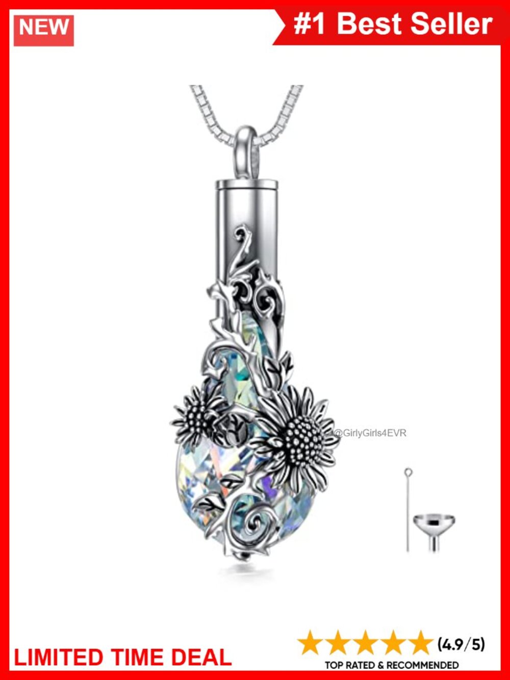 Sterling Silver Sunflower Teardrop Urn Necklace for Ashes Memorial Jewelry